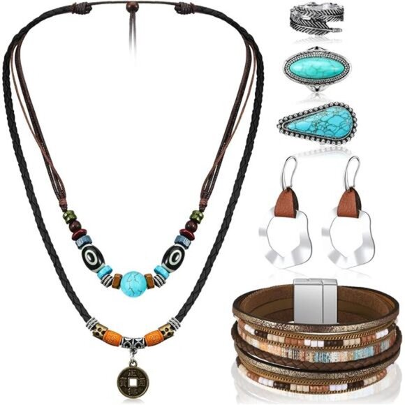 BOHO Western Jewelry Turquoise Set Bohemian Necklace Earrings Rings Bracelet set - Picture 1 of 6